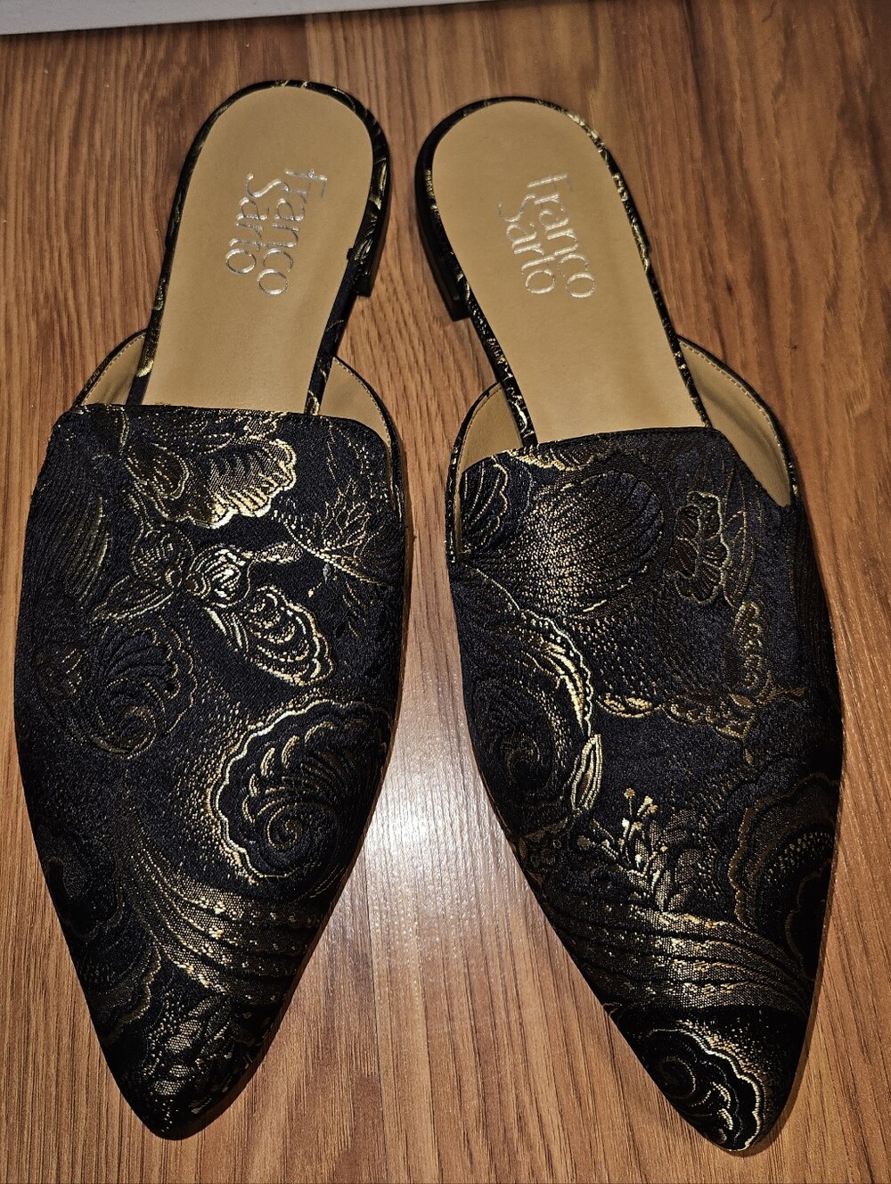 Franco Sarto Black and Gold Brocade Pointed Toe Slip-On Mules